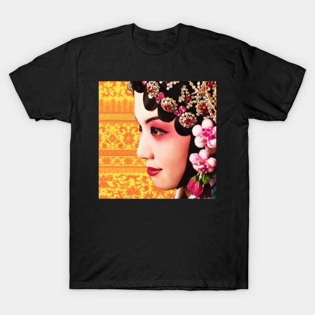 Chinese Opera Star with Yellow & Orange Traditional Floral Pattern- Hong Kong Retro T-Shirt by CRAFTY BITCH